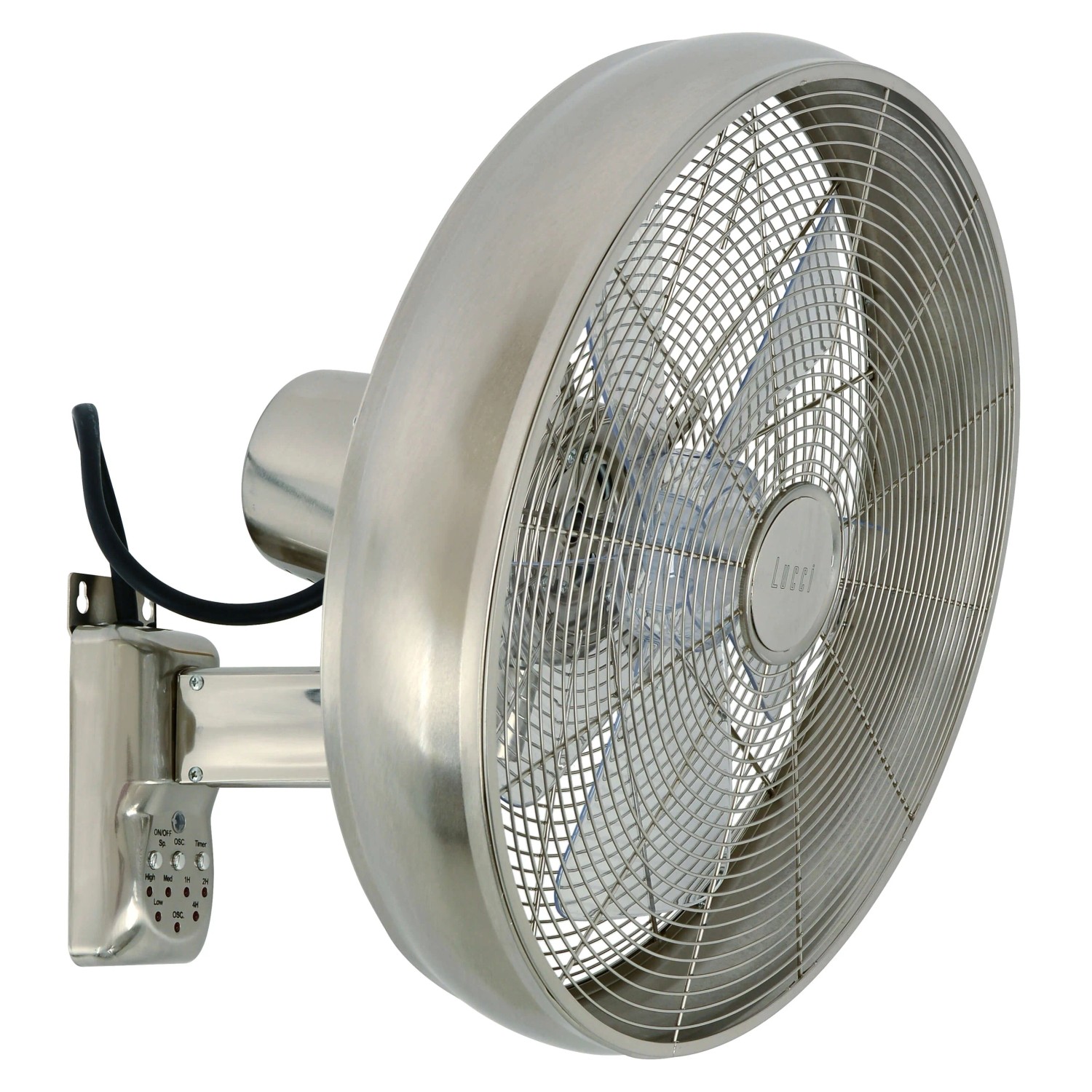 Chromfarbener Lucci Air Wandventilator Breeze Wall mit Fernbedienung.