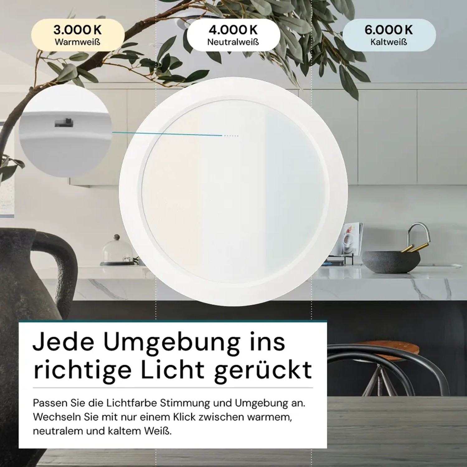 LUXULA LED Deckenleuchte, Lichtfarbe einstellbar (3000K, 4000K, 6000K), Ø229mm, für Bad und Küche.