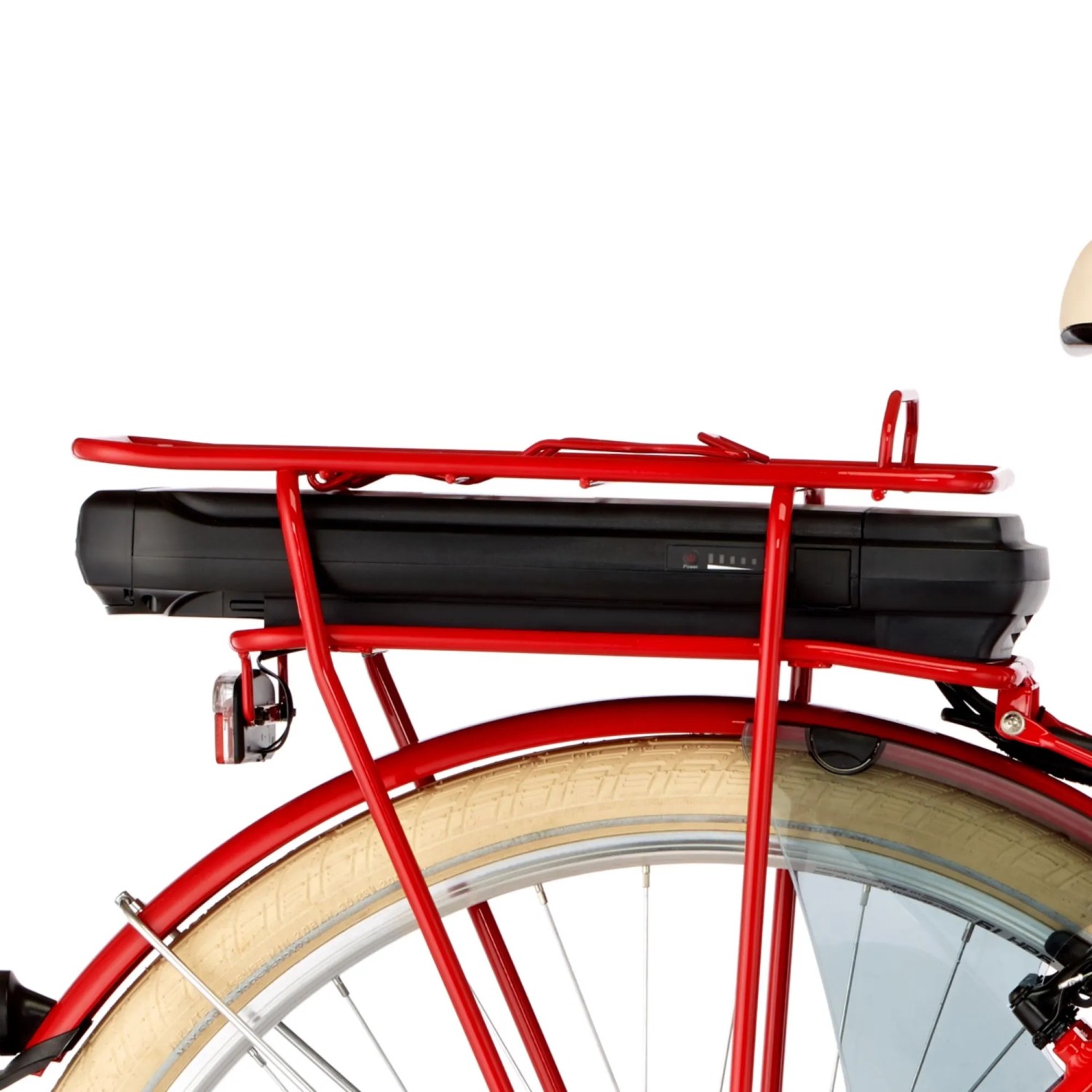 Detailansicht des roten Fischer Hollandrad E-Bike Cita Retro 2.0 mit Akku auf dem Gepäckträger.