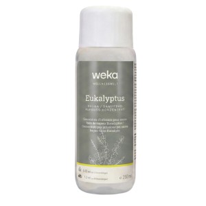 WekaPur Eukalyptus Sauna-Aufgusskonzentrat, 250 ml Flasche mit weißem Deckel. Intensiver Duft für Wellness im Dampfbad.