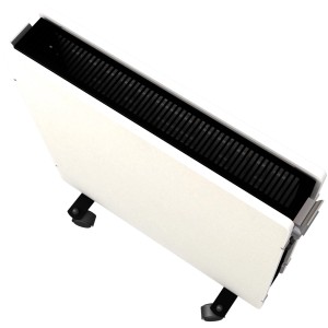 Mobiler, weißer Stein-Radiator mit Rollen, einstellbarem Thermostat und Heizstufen. Elektrische Heizung für Innenräume.