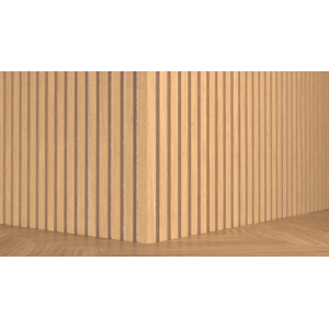Eckleiste aus Eiche für Akustikpaneele, nahtlose Lamellenoptik an der Wand. Perfekter Abschluss für Paneele.