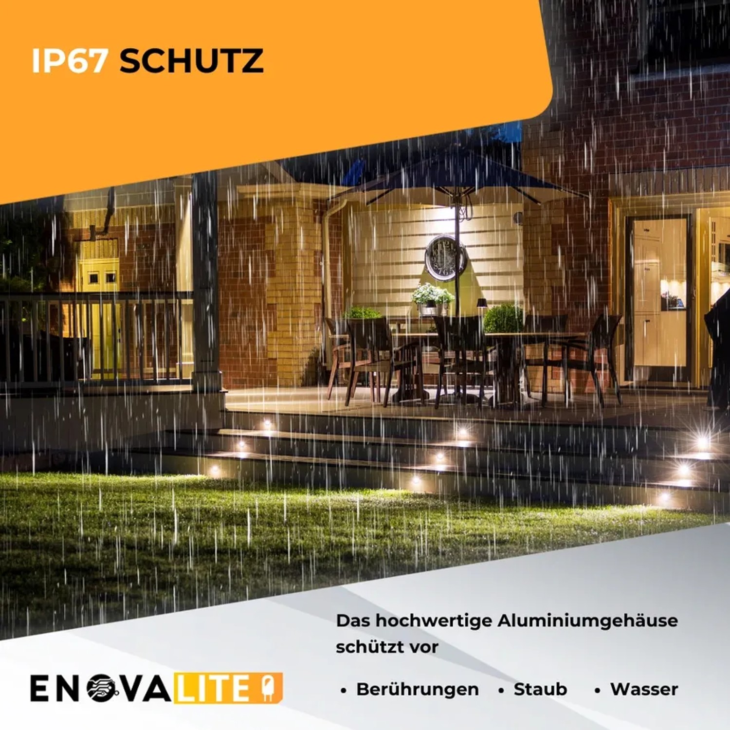 ENOVALITE LED Gartenstrahler 6er Set im Einsatz bei Regen, IP67 Schutz.