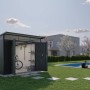 Dunkelgraues Biohort Metall-Gerätehaus AvantGarde mit offener Doppeltür im Garten. Innen Fahrrad, Regale, Werkzeuge.