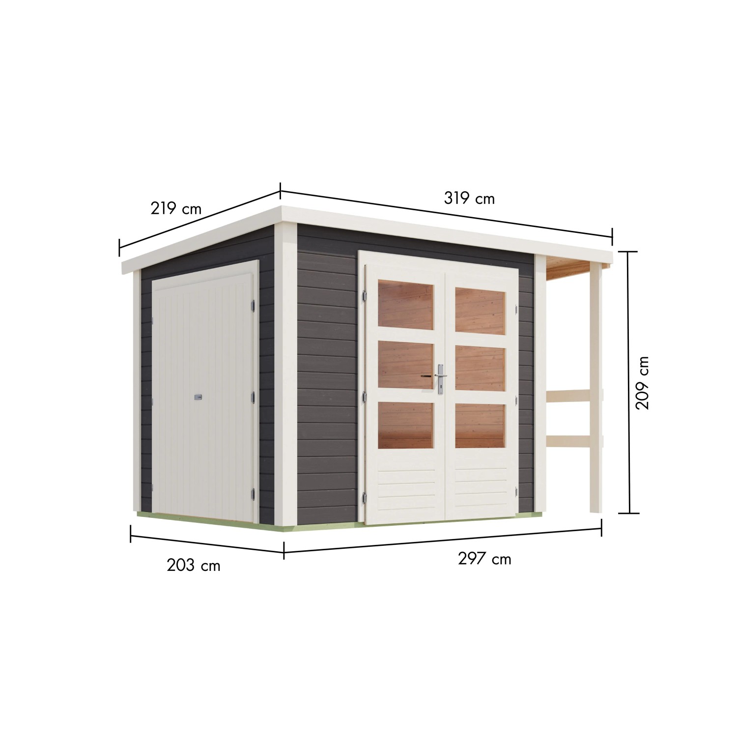 Karibu Gartenhaus mit Schrank und Anbaudach, terragrau, 209x241x199,6 cm. Gartenhaus-Zubehör.
