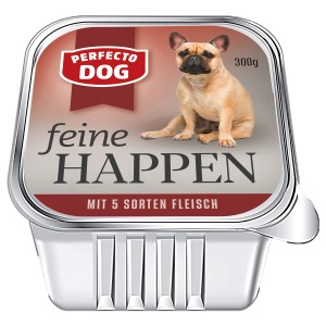 Perfecto Dog Nassfutter mit 5 Sorten Fleisch, 300g. Hunde-Nassfutter für eine ausgewogene Ernährung.