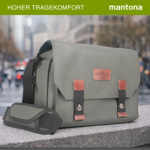 Mantona Kameratasche Milano Grande, graugrün mit braunen Akzenten, gepolsterter Schultergurt. Für DSLR/Systemkamera.