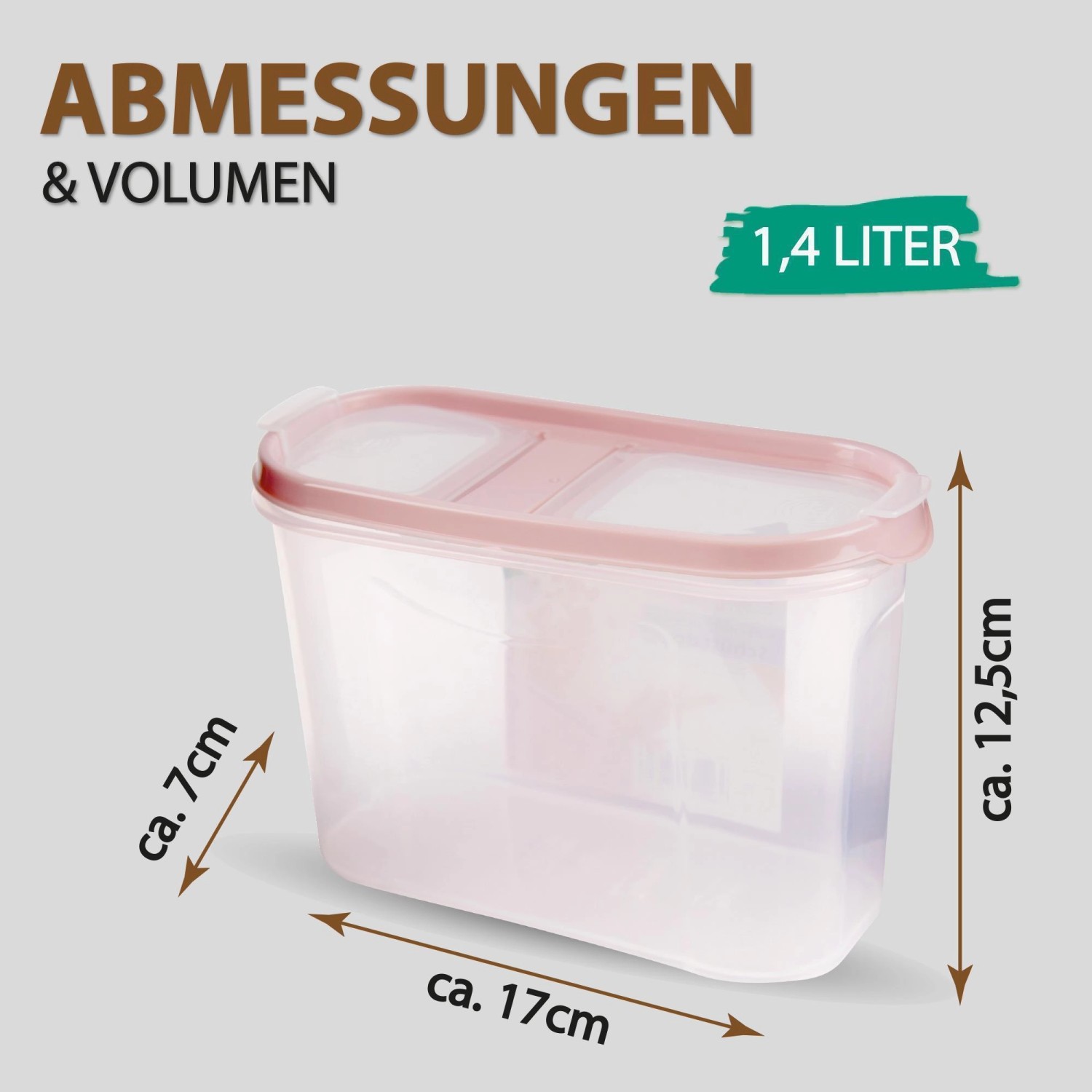 Bestlivings Frischhaltebox Schüttdose, 1,4 Liter, 2er Pack, Altrose, Abmessungen und Volumen.