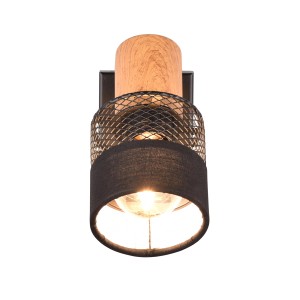 Schwenkbarer Trio Spot Nandini, 1-flammig, schwarz matt mit Stoffschirm und Holzelement.