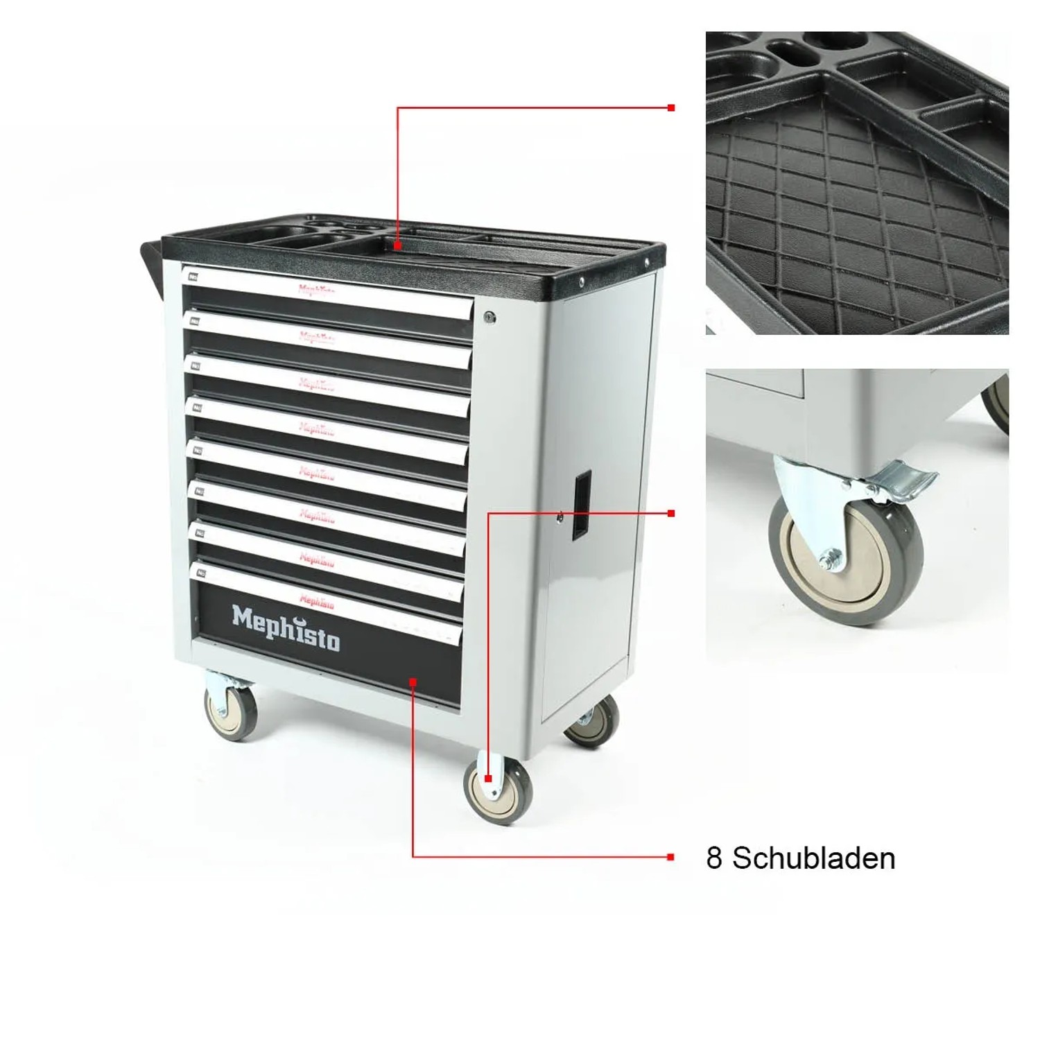Mephisto XXL Werkzeugwagen mit 8 Schubladen, 7 gefüllt mit Werkzeug aus Chrom Vanadium Stahl.