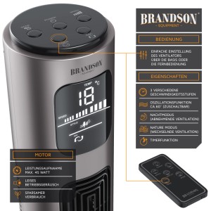 Brandson Turmventilator, 96cm, rauchgrau, mit Oszillation, 3 Stufen und Fernbedienung.