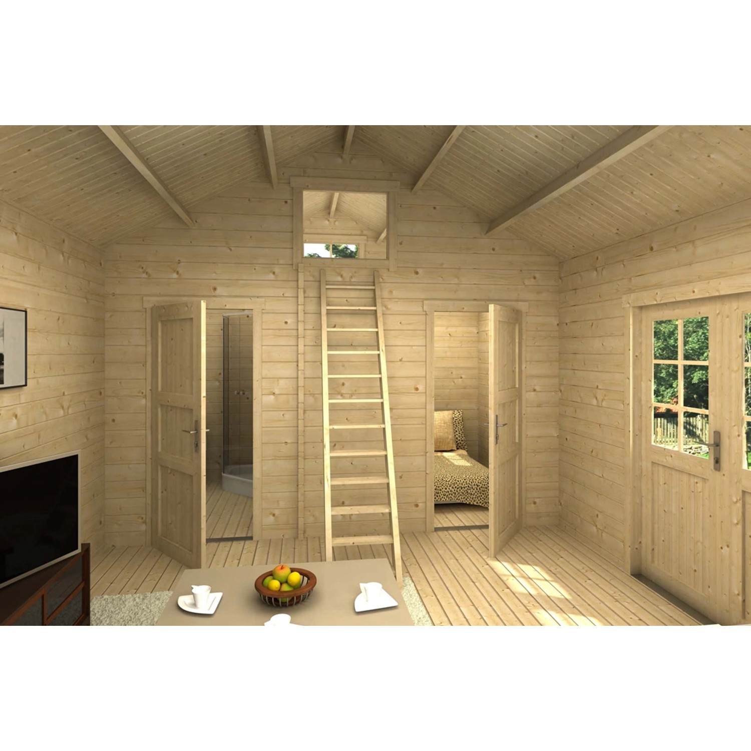 Innenansicht Alpholz Gartenhaus Arizona mit Leiter zum Schlafboden und Doppeltür.