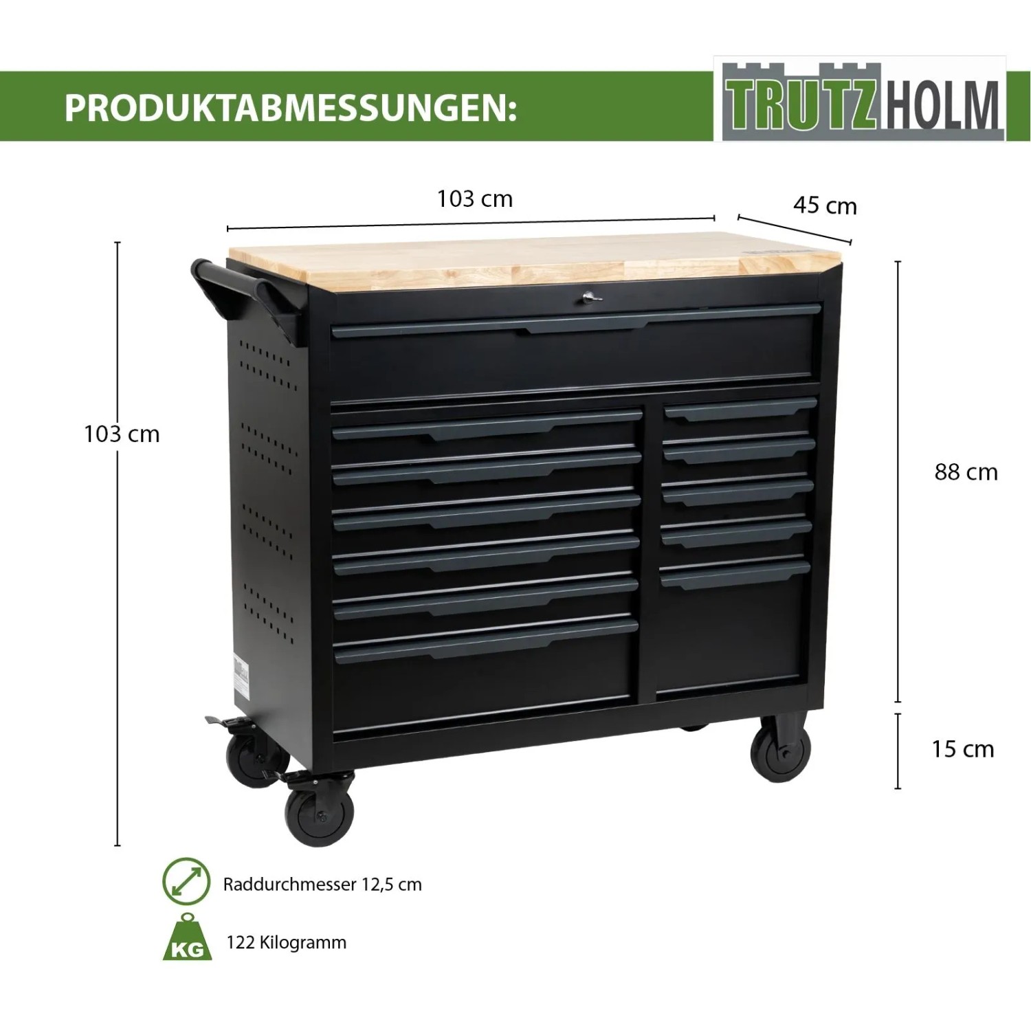 TRUTZHOLM Werkstattwagen Star XL, schwarz, mit Hartholzplatte, 12 Schubladen und Rollen. Maße: 103x45x103 cm.