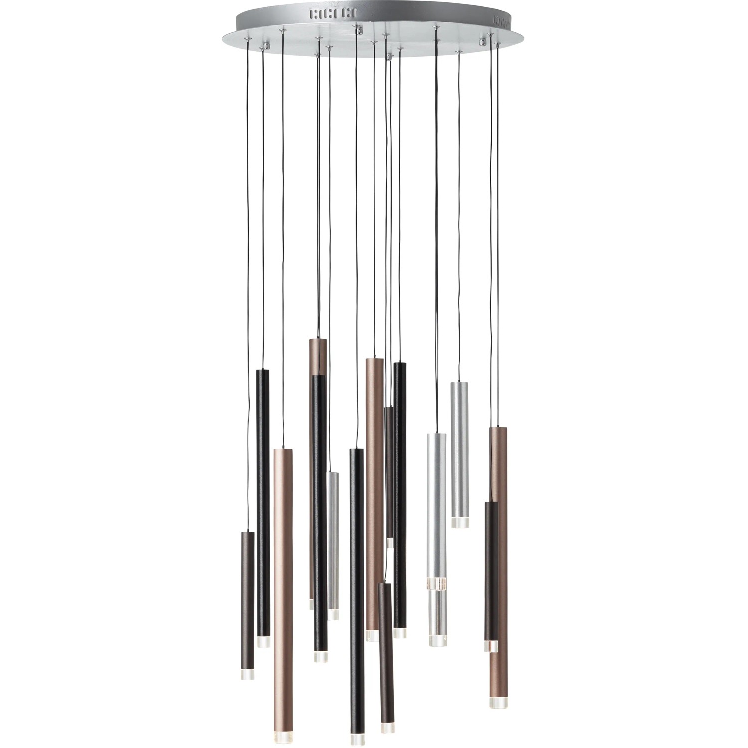Moderne 16-flammige LED-Pendelleuchte Cembalo in Aluminium, Schwarz und Braun für den Innenbereich.