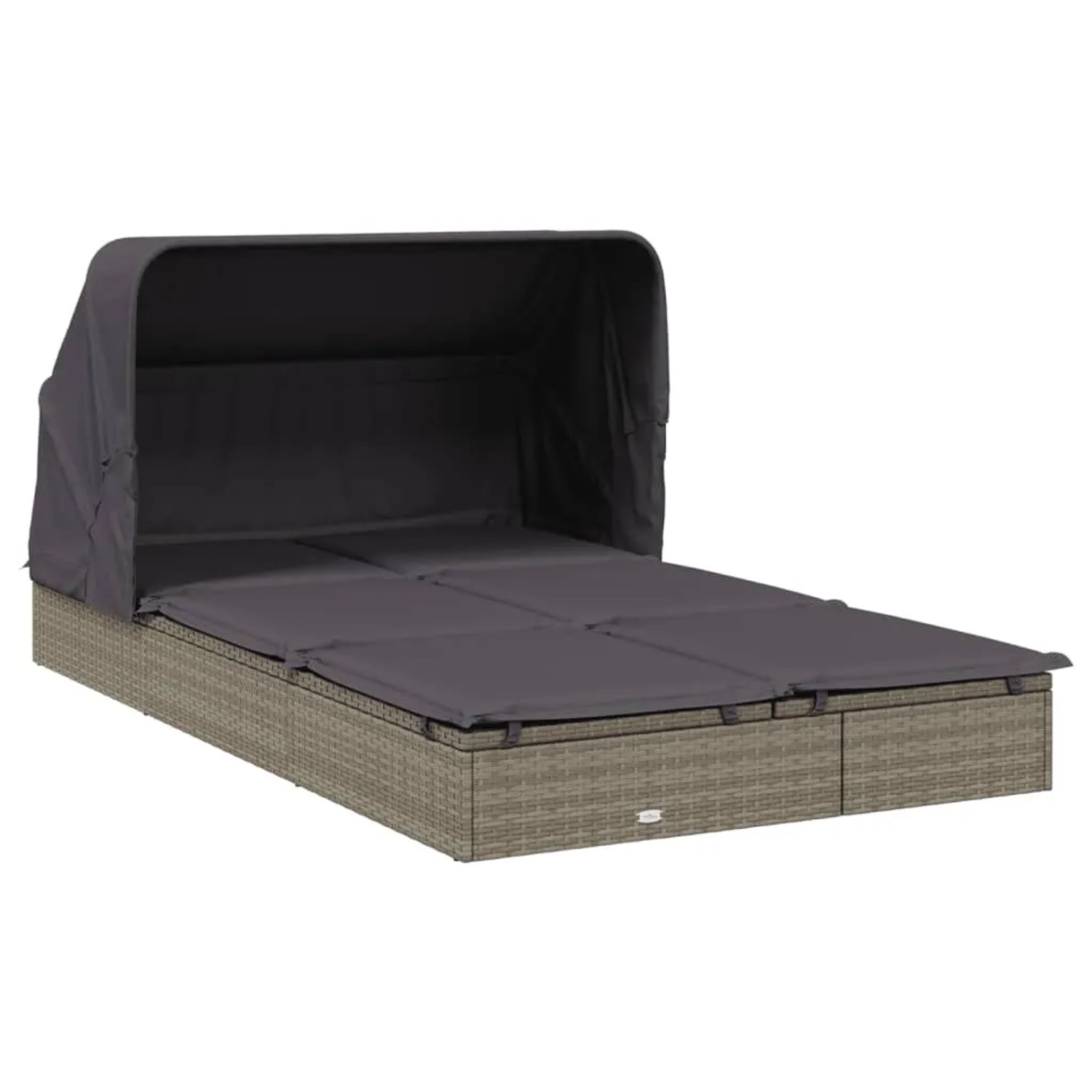 Graue 2-Personen-Sonnenliege mit Dach aus Polyrattan, 213x118x97 cm. Ideal für Garten oder Terrasse.