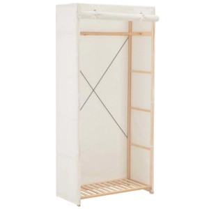 Weißer Stoff-Kleiderschrank (79x40x170cm) mit Holzrahmen und Kleiderstange. Schrank für Schlafzimmer oder Ankleidezimmer.