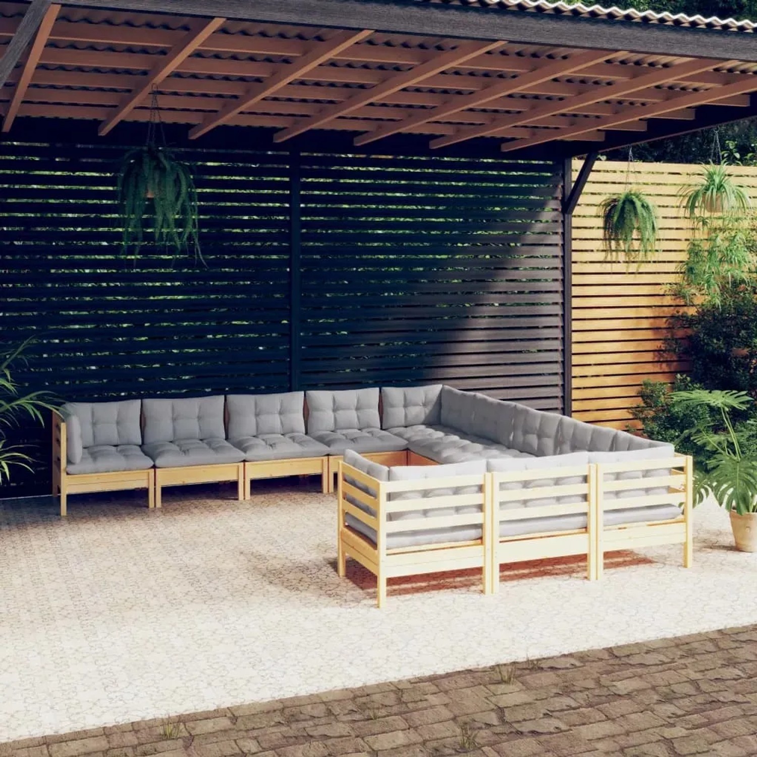 vidaXL 11-tlg. Garten Lounge Set aus Kiefernholz mit grauen Kissen unter einer Pergola.