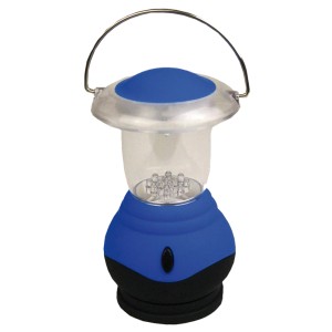 Blaue LED-Laterne für Camping & Garten mit Tragegriff und verschiedenen Leuchtfunktionen.