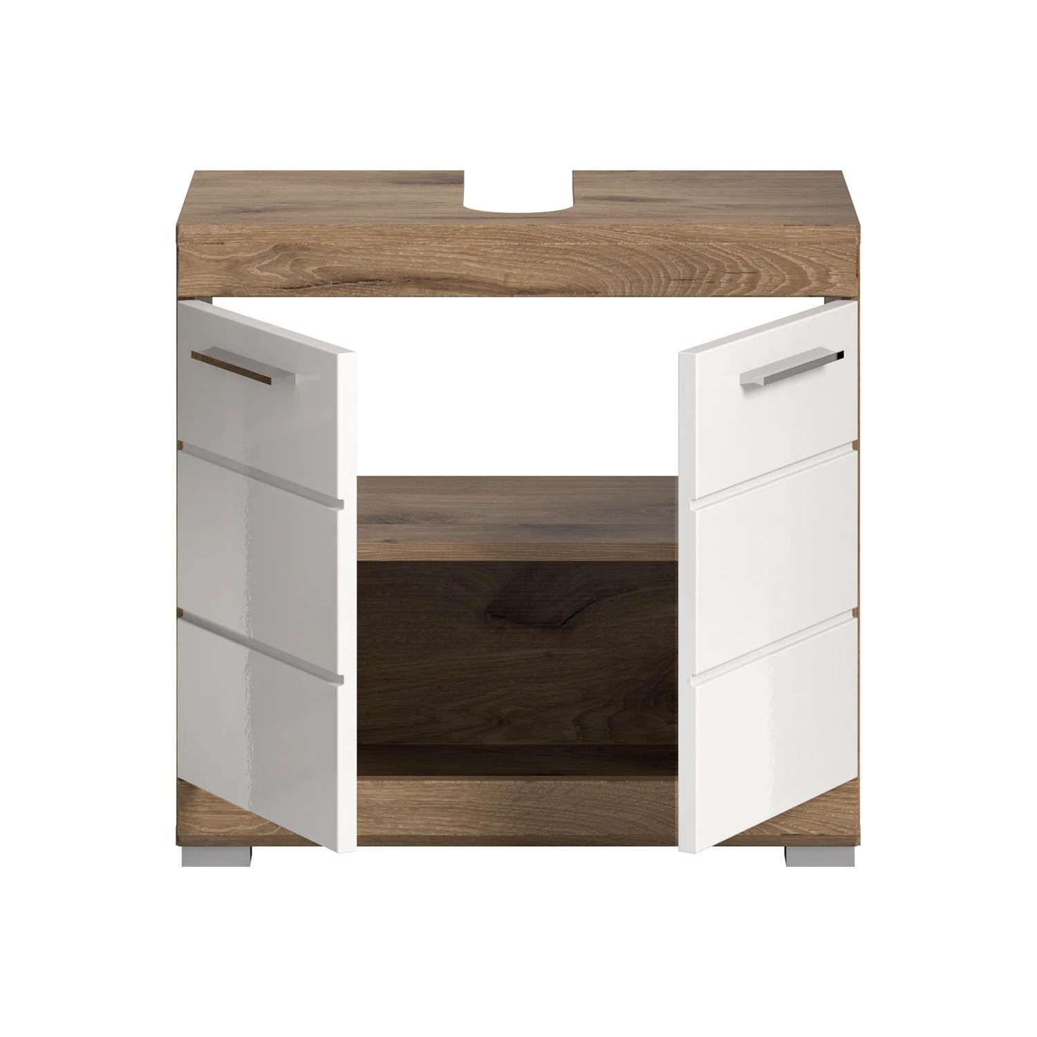 Waschbeckenunterschrank in Weiß Hochglanz/Nox Oak, 56x60x34 cm, mit offenen Türen.