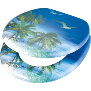 WC-Sitz Kalamos mit Strandmotiv: Holzkern, Palmen, Möwen und Meer für Ihr Badezimmer.