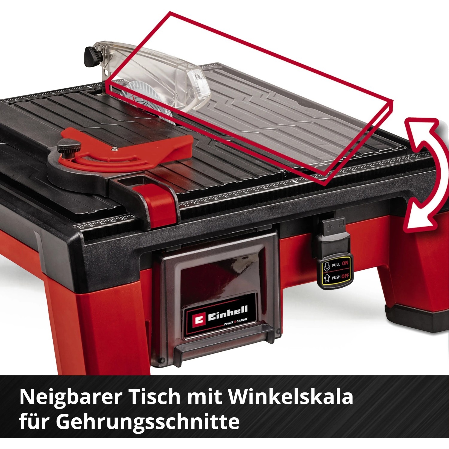 Einhell Akku-Fliesenschneider TE-TC 18/115 Li Solo mit neigbarem Tisch und Winkelskala.