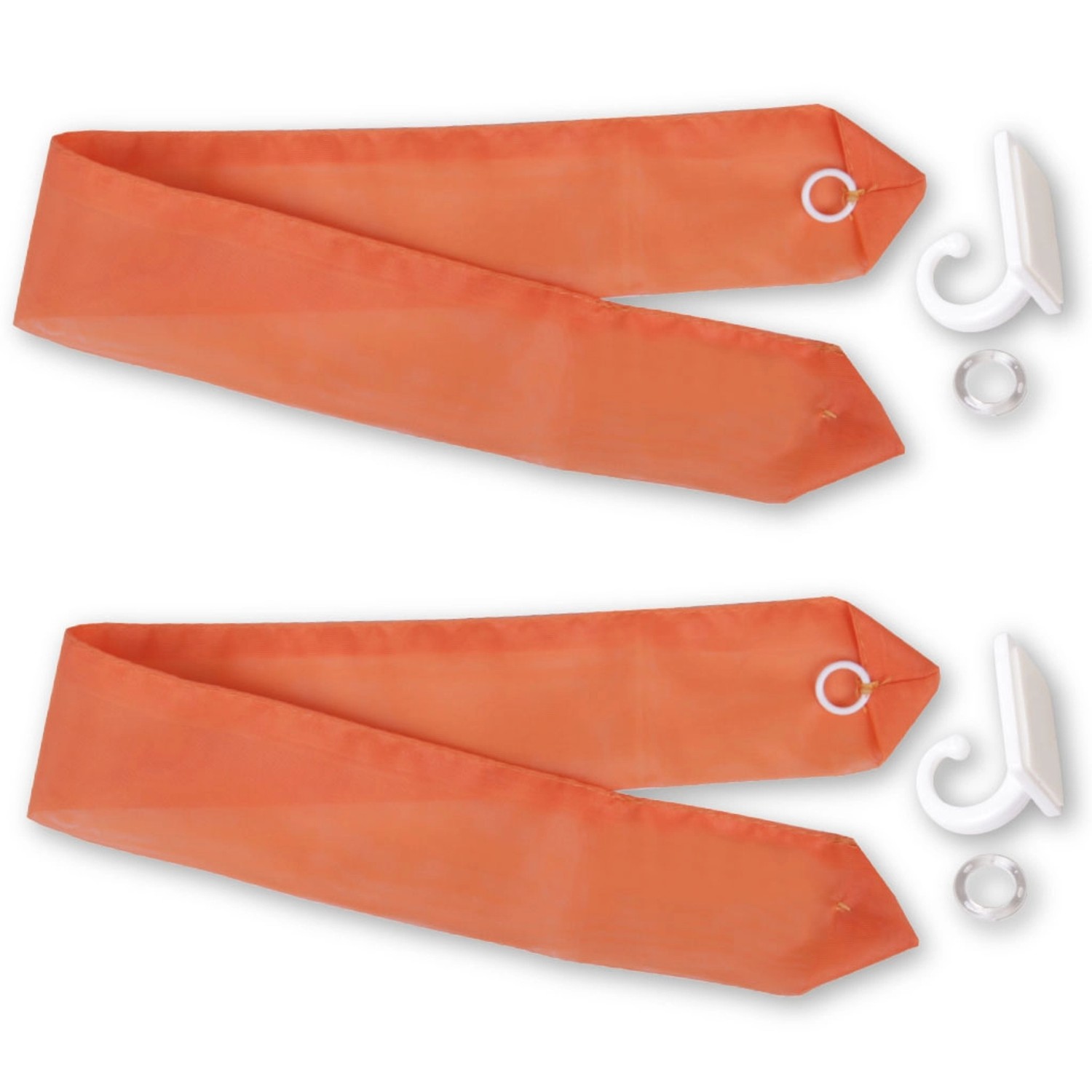 2er-Pack orangefarbene Dekoschals Noella mit Universalband und Raffhaltern für Fenstervorhänge.