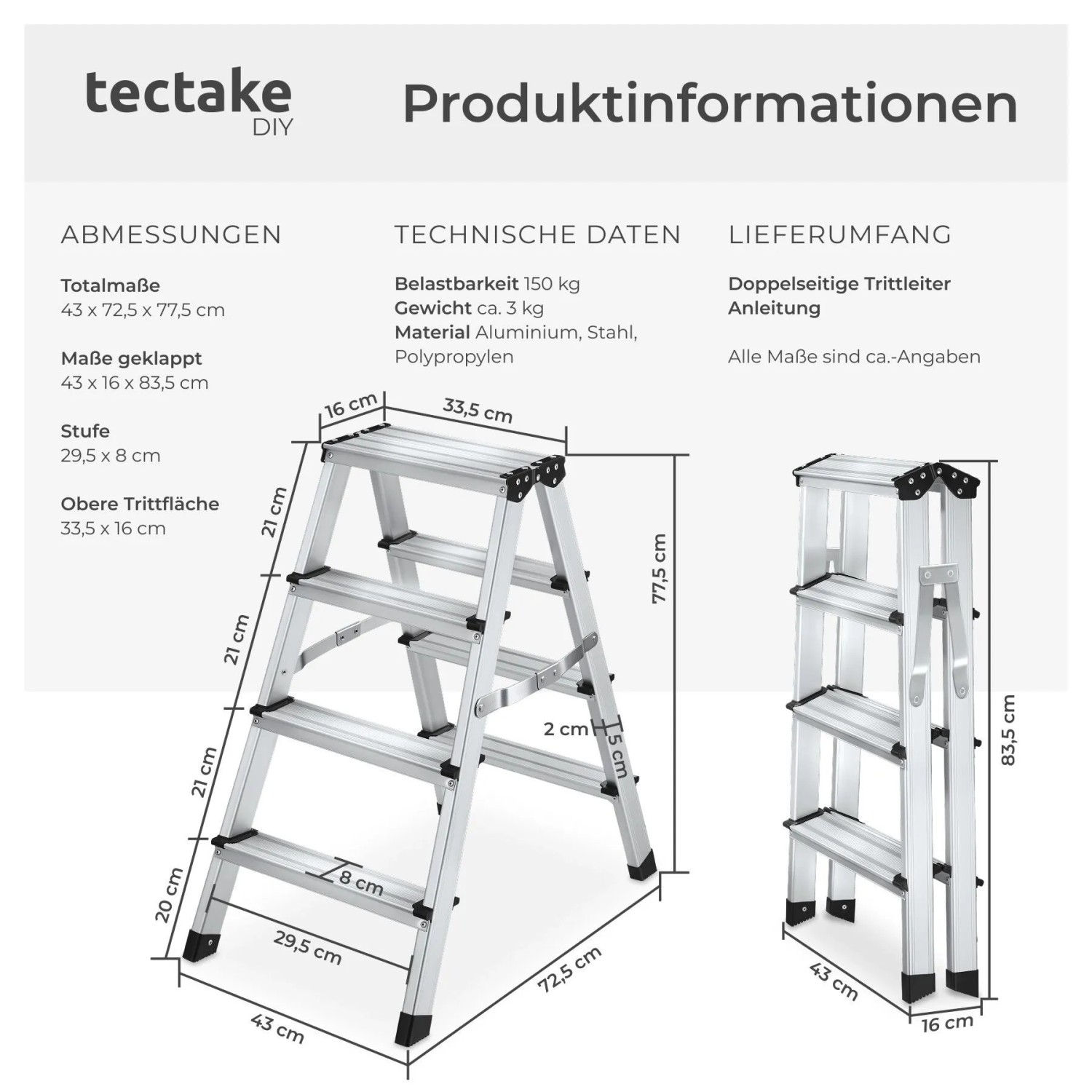 Silberne Tectake Doppelleiter mit 4 geriffelten Aluminiumstufen, offen und geklappt gezeigt, rutschfest.