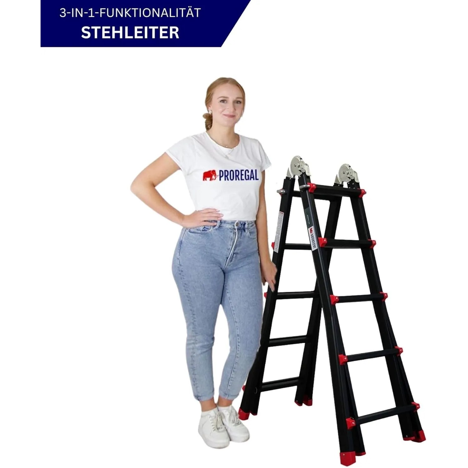 PROREGAL 3-in-1 Mehrzweckleiter, Aluminium, 4x5 Sprossen, als Stehleiter mit Person.