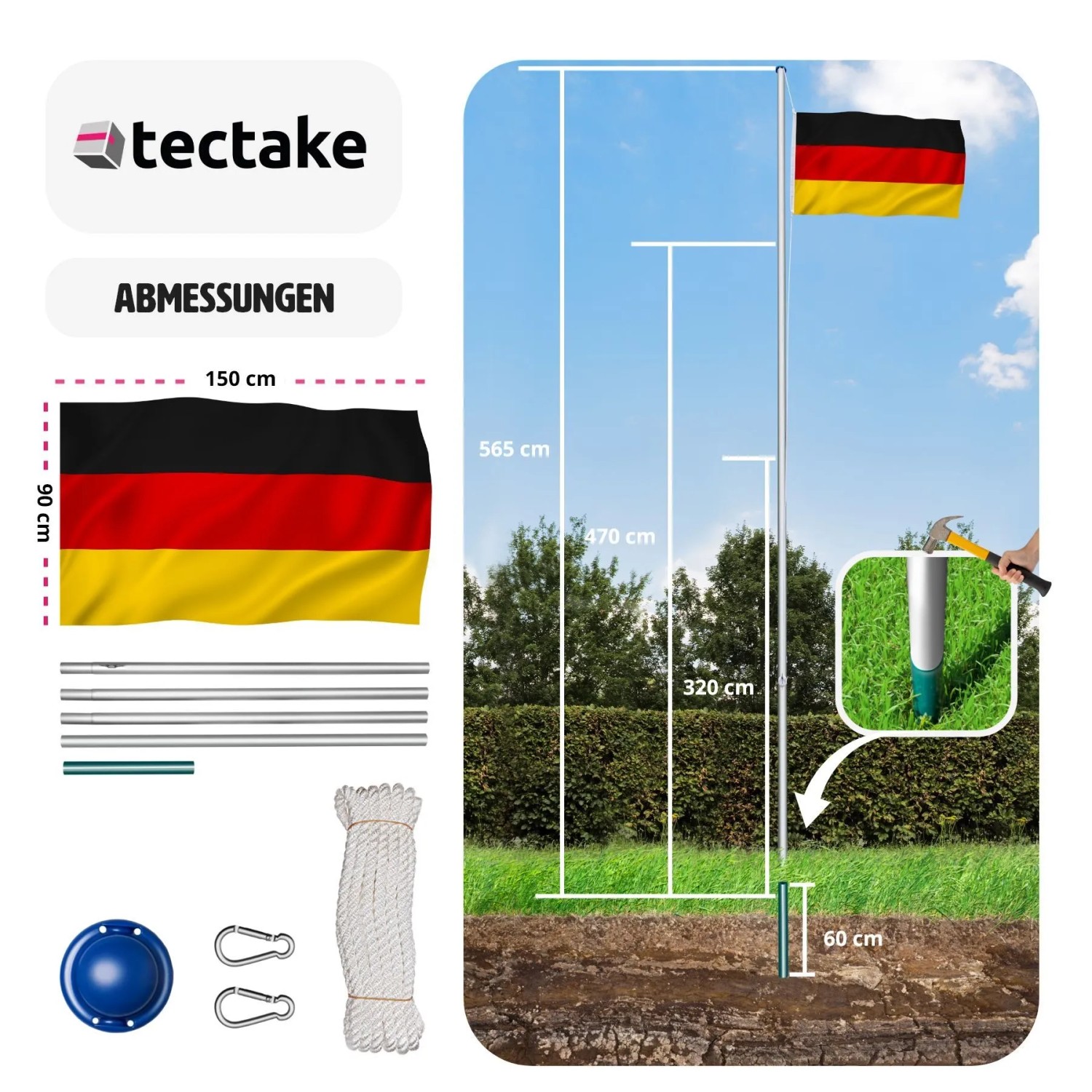 Tectake Aluminium Fahnenmast mit Deutschlandflagge, 625cm Gesamthöhe, inklusive Zubehör.