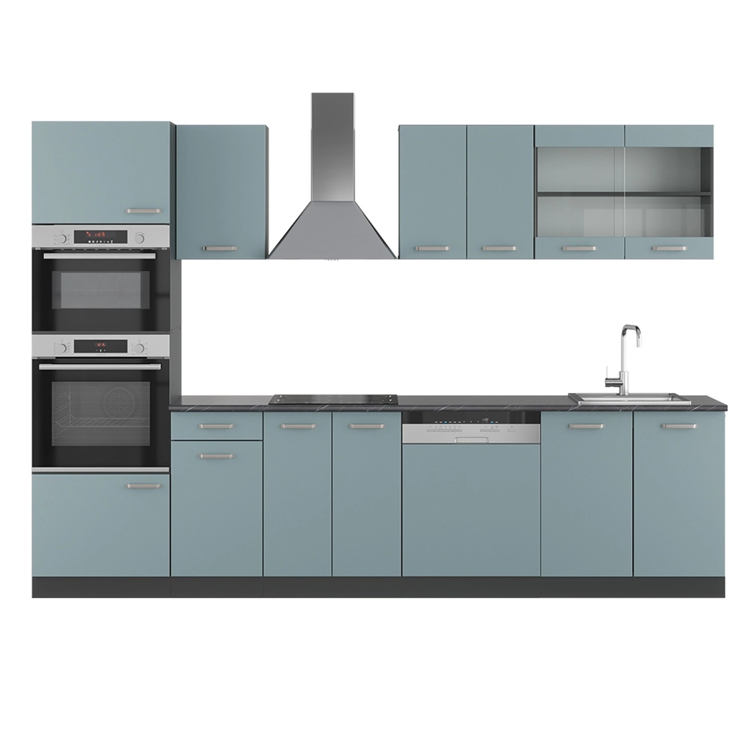 Vicco R-Line Küchenzeile Blau-Grau/Anthrazit 300 cm mit Hochschrankohne Arb günstig online kaufen