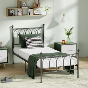 Schwarzes okwish Metallbett 90x200cm mit Lattenrost, dekorativem Kopf- und Fußteil im Schlafzimmer.