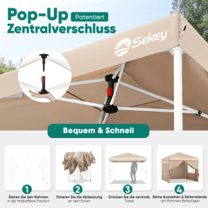 Sekey Faltpavillon 3x3m, beige, mit Pop-Up Zentralverschluss. Schneller Aufbau in 4 Schritten gezeigt. Ideal als Partyzelt.