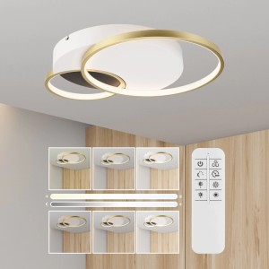 Moderne LED-Deckenleuchte Benito in Weiß, Schwarz und Gold, 57 cm, mit Fernbedienung zur Dimmung.