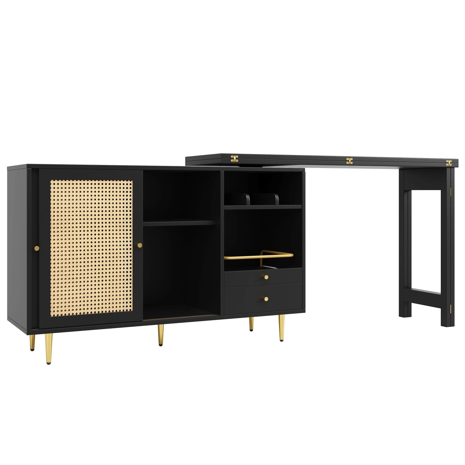 okwish Stehtisch mit Rattantür Erweiterbar Stauraum Regal Küche 107x40x71cm Schwarz