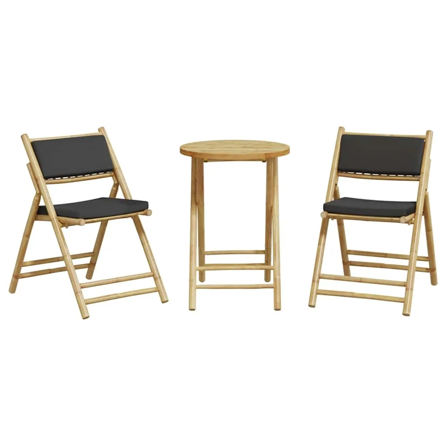 vidaXL Bistro-Set, 3-teilig, klappbar, Bambus mit dunkelgrauen Kissen. Gartenmöbel-Set für Balkon und Terrasse.