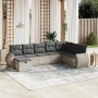 Hellgraue 8-tlg. vidaXL Garten-Sofagarnitur aus Poly Rattan mit grauen Kissen.