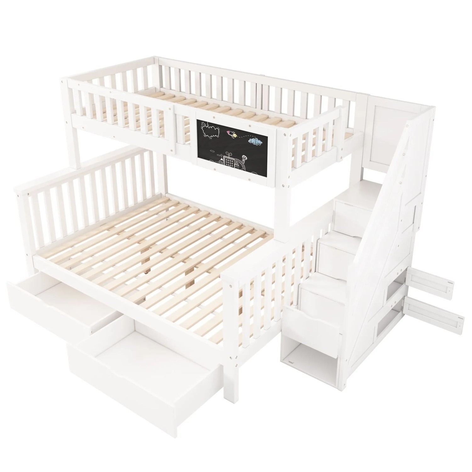 okwish Etagenbett 90x200cm 140x200cm mit Tafel und Schubladen Kinderzimmer Weiß ohne Matratze