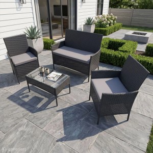 SVITA BROOKLYN Gartenlounge, 4-teilig, Polyrattan schwarz, mit Sofa, Sesseln und Tisch mit Glasplatte.