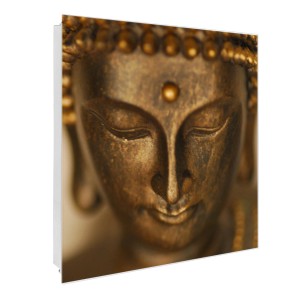 Weißer Schlüsselkasten mit Buddha Motiv in Gold, Glastür beschreibbar und magnetisch, 30x30cm.