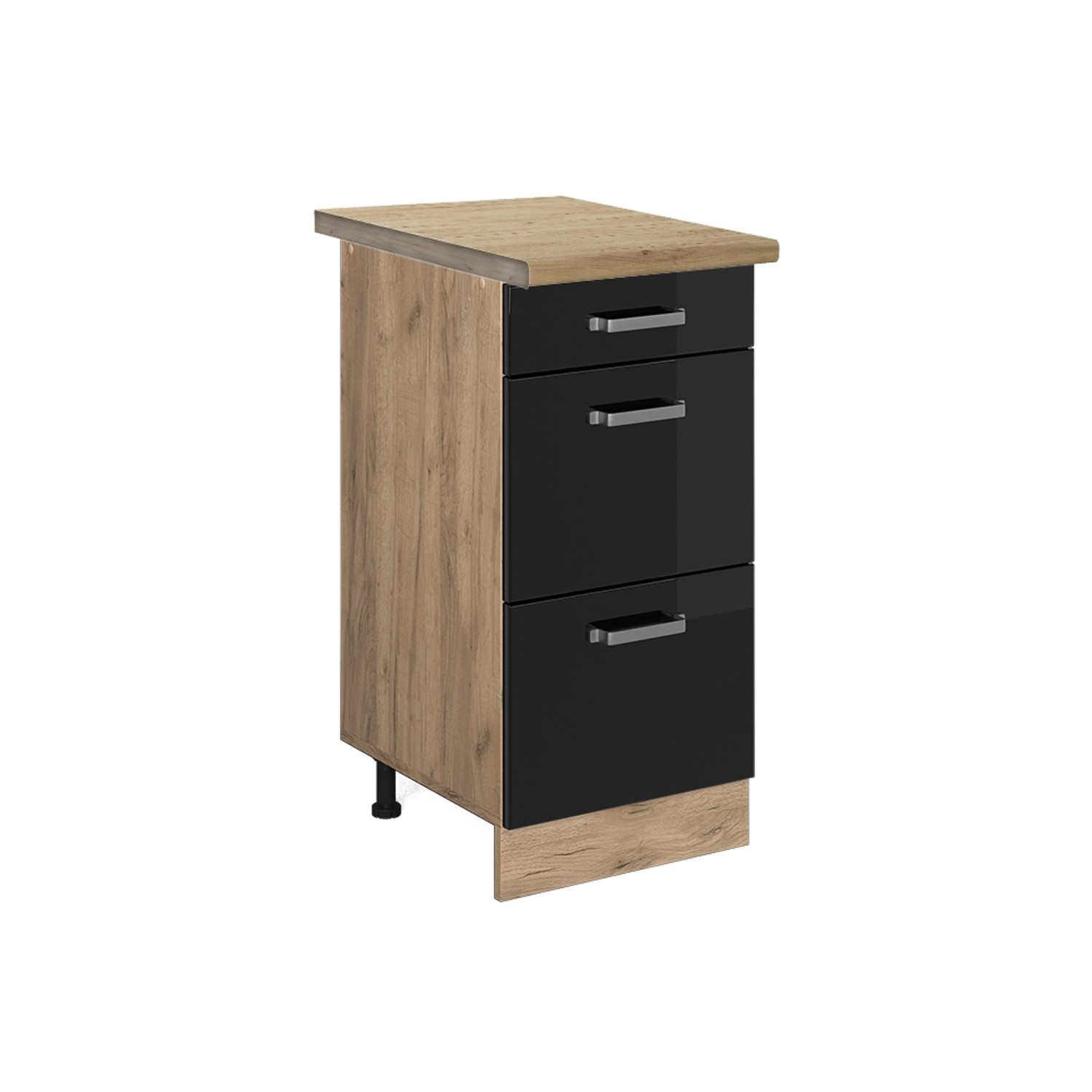 Vicco Küchenunterschrank R-Line Schwarz Hochglanz/Goldkraft Eiche 40 cm mit Schubladen AP Eiche