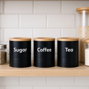Relaxdays Vorratsdosen 3er Set Stahl Bambus Schwarz Weiß Natur Luftdicht 14 cm x 11 cm