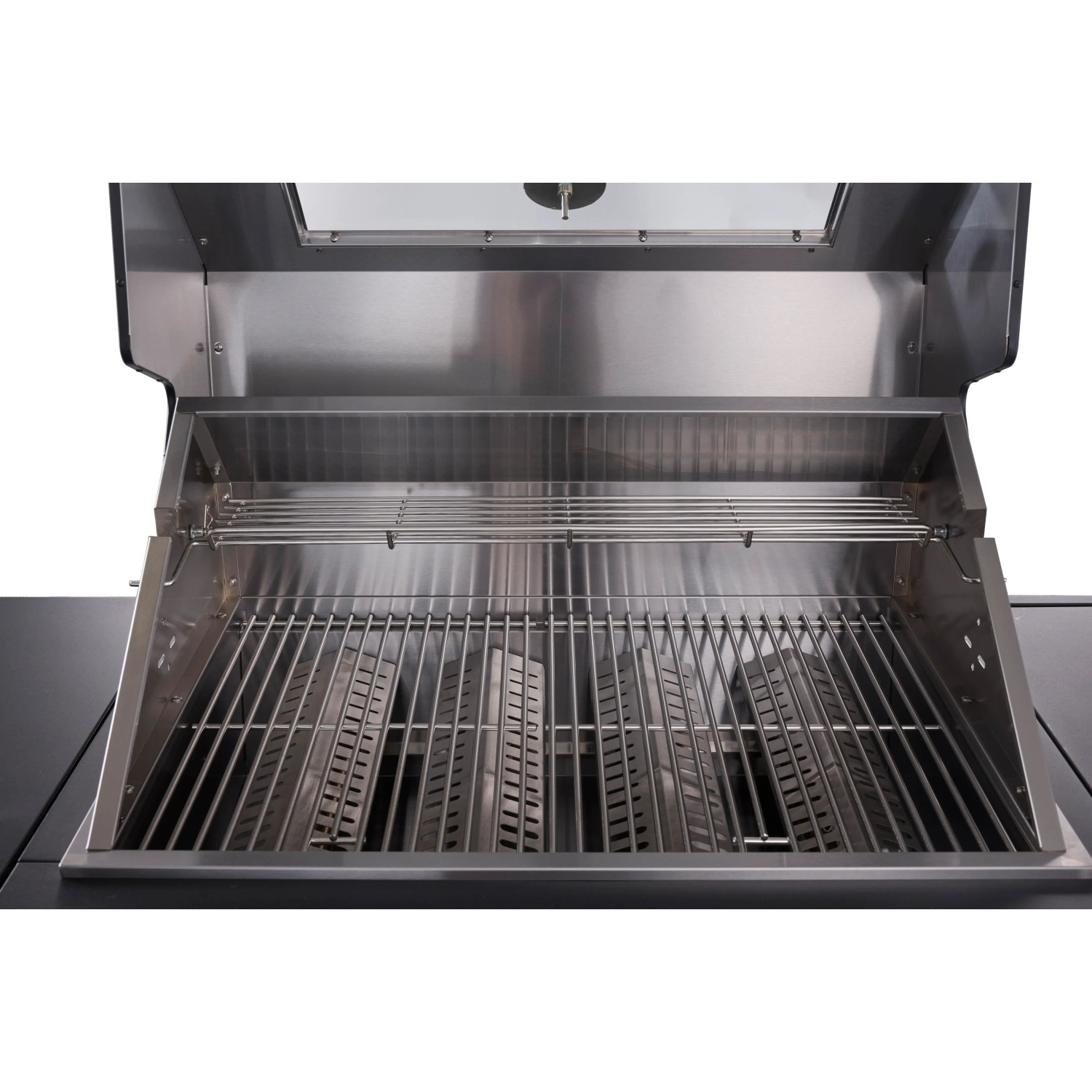 Innenansicht der schwarzen Buschbeck Outdoorküche King Range mit Grillrost und Warmhalterost.