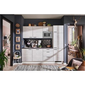 pino Küchenzeile 240 cm in Beton Weißgrau mit Geräteschrank und E-Geräten.