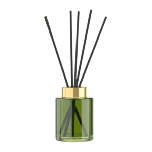 Grüner Glas-Raumduft-Diffuser mit goldenem Deckel und schwarzen Duftstäbchen. Litschi-Bergamotte-Aroma.