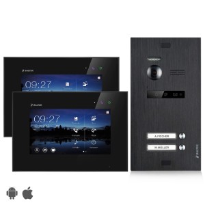 Balter EVO Video-Türsprechanlage für Zweifamilienhaus: 2 schwarze 7-Zoll-Monitore, Türstation aus Metall.
