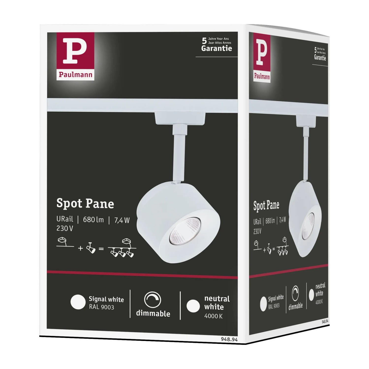 Verpackung des weißen Paulmann LED-Schienenspots Pane URail für LED-Schienensysteme.