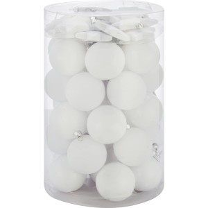 50-teiliges Weihnachtskugel-Set (Ø 6cm) in Weiß, inklusive Sterne, im transparenten Behälter.