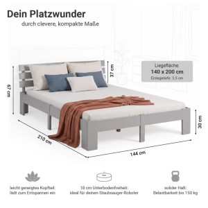 Modernes graues Holzbett 140x200 cm mit Lattenrost und Kopfteil aus Kiefernholz, stabil und schlicht.