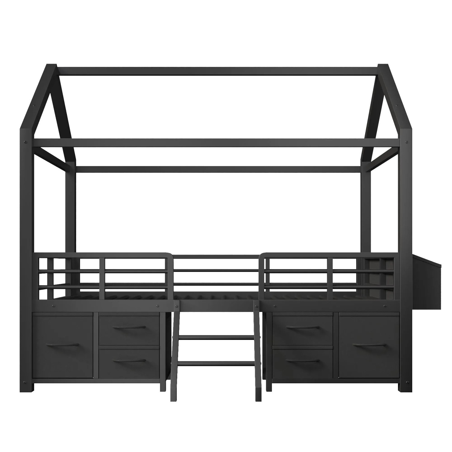 Merax Metall Hochbett 90x200 cm Mit Hausdach Stoffschubladen LED Schwarz