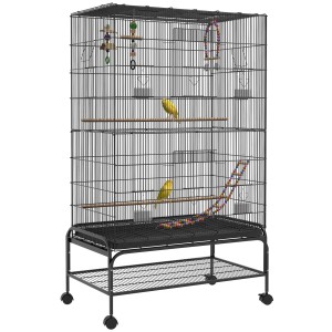 Schwarzer PawHut Vogelkäfig mit Zubehör und zwei gelben Vögeln.